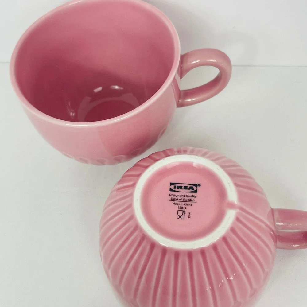 IKEA Mug Set 2 Strimmig Pink Embossed Ribbed Stoneware Modern Excellent